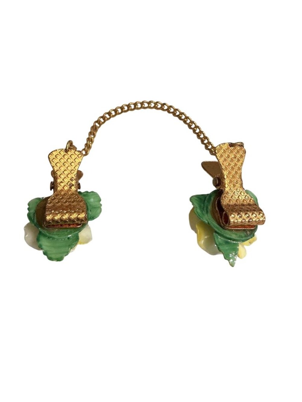 Vintage Porcelain Yellow Rose Sweater Clip With Gold-Tone Chain And Textured Cli - Picture 10 of 10